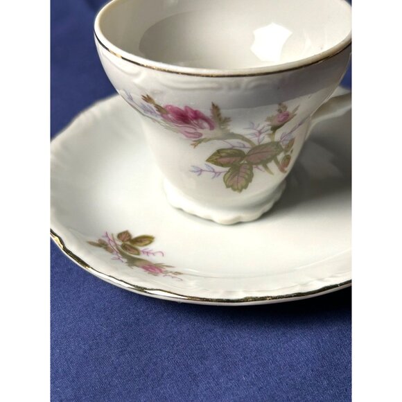 Vintage Japan Porcelain Tea Cup & Saucer Pink Rose Floral Gold Trim Shabby Chic - Picture 9 of 10